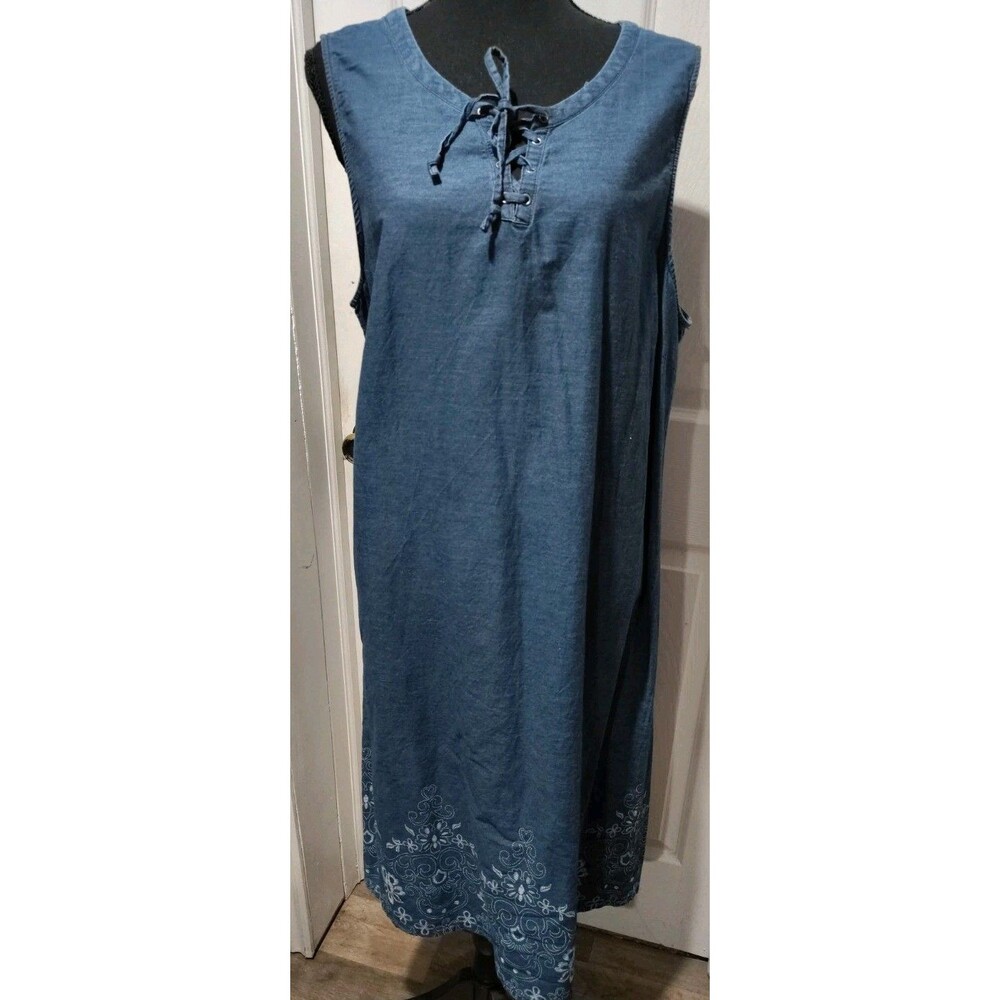C.J. Banks Denim Embroidered Midi Pinafore Overall Dress XL Novelty Cottagecore